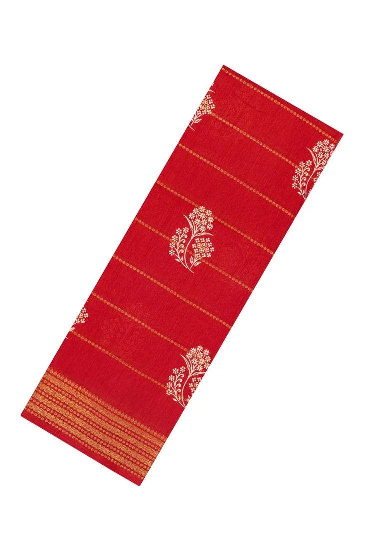 Red Printed Synthetic Dola Silk Saree With Zari Motifs Border For Women - Indya