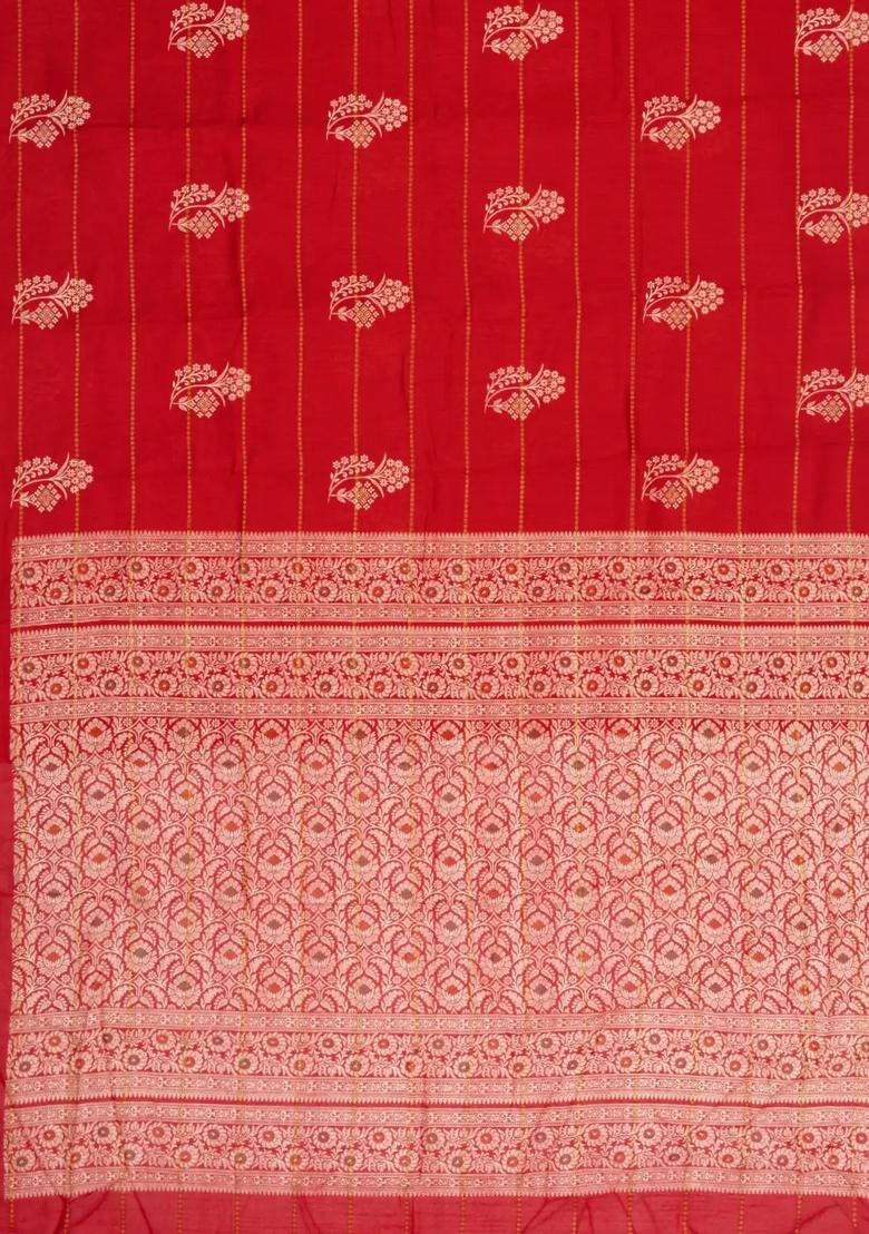 Red Printed Synthetic Dola Silk Saree With Zari Motifs Border For Women - Indya