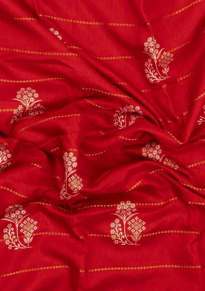 Red Printed Synthetic Dola Silk Saree With Zari Motifs Border For Women - Indya