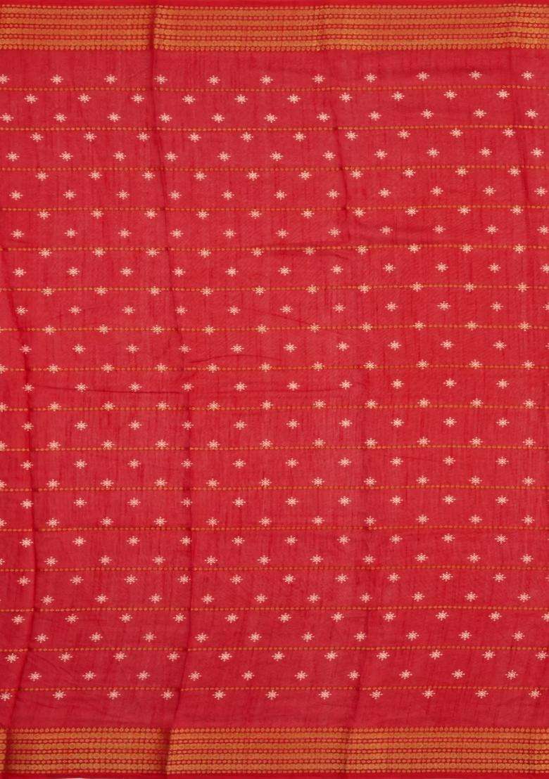 Red Printed Synthetic Dola Silk Saree With Zari Motifs Border For Women - Indya