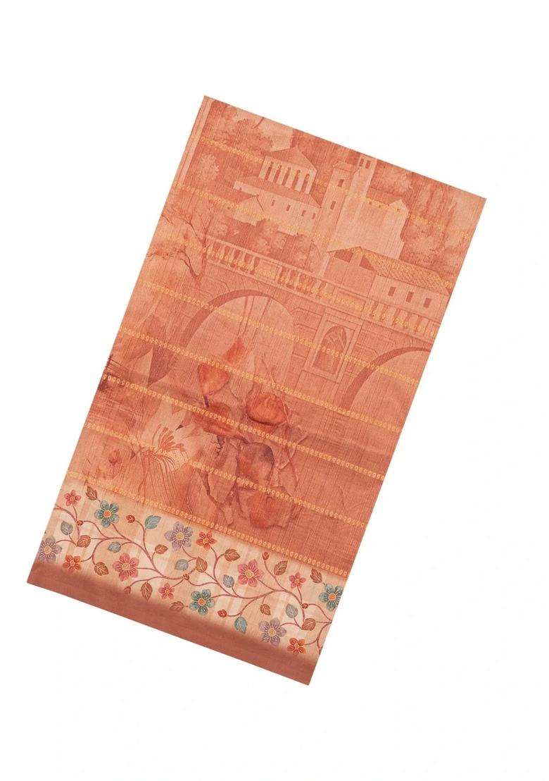 Dusty Peach Printed Synthetic Dola Silk Saree With Zari Stripes Border For Women - Indya