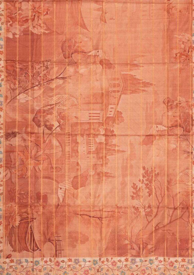 Dusty Peach Printed Synthetic Dola Silk Saree With Zari Stripes Border For Women - Indya