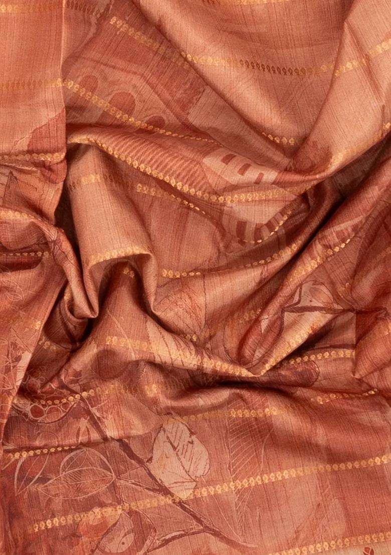 Dusty Peach Printed Synthetic Dola Silk Saree With Zari Stripes Border For Women - Indya