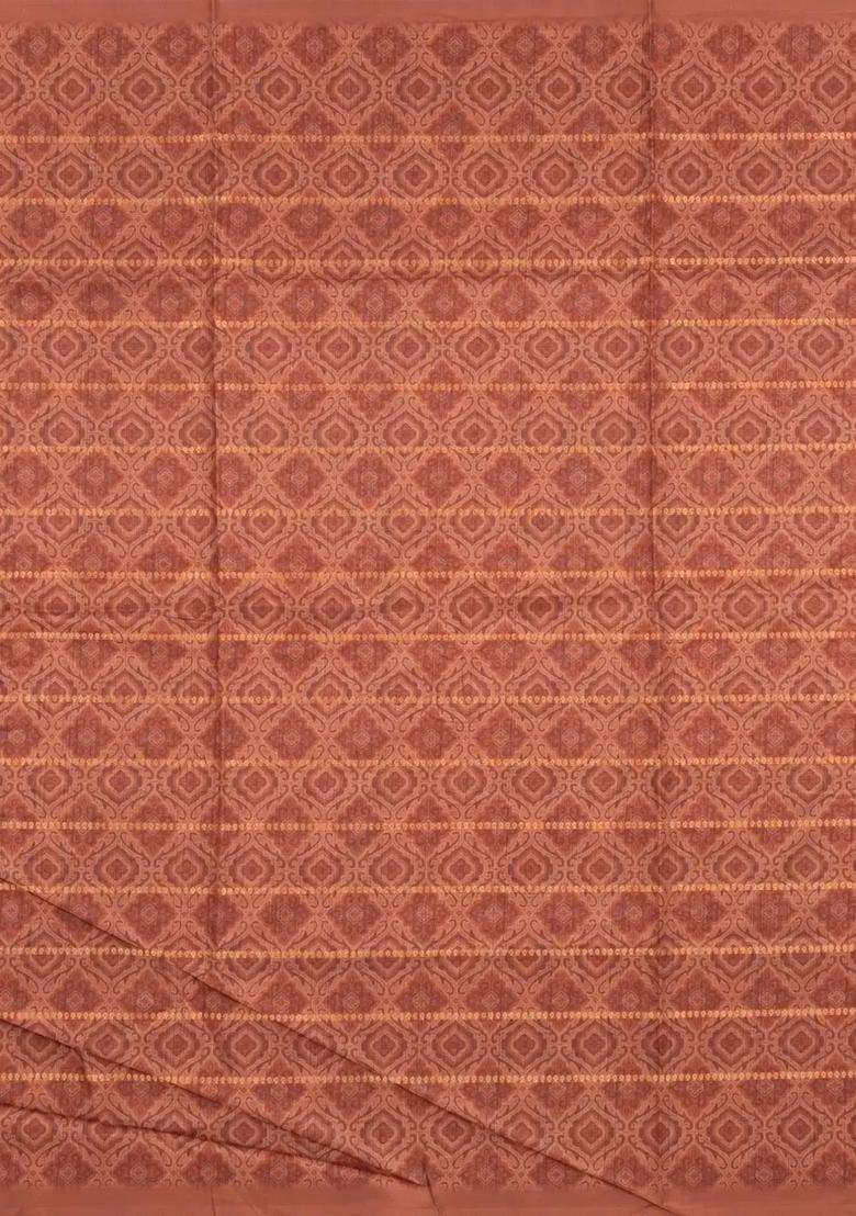 Dusty Peach Printed Synthetic Dola Silk Saree With Zari Stripes Border For Women - Indya