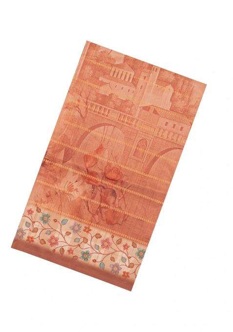 Dusty Peach Printed Synthetic Dola Silk Saree With Zari Stripes Border For Women