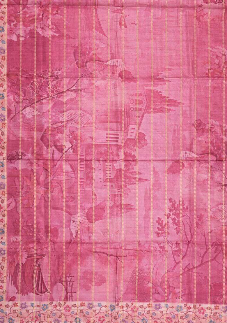 Dusty Pink Printed Synthetic Dola Silk Saree With Zari Stripes Border For Women - Indya