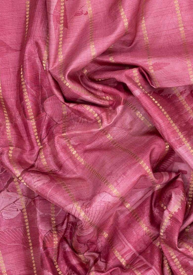 Dusty Pink Printed Synthetic Dola Silk Saree With Zari Stripes Border For Women - Indya