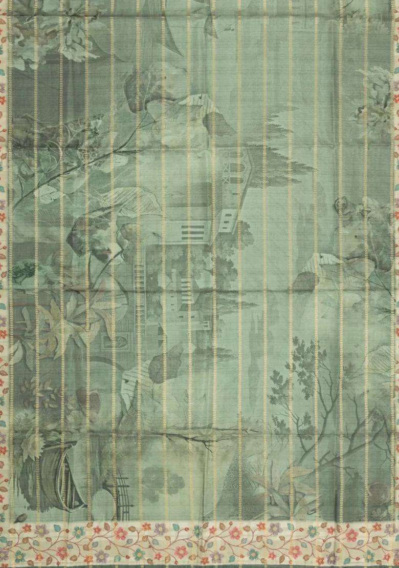 Sage Green Printed Synthetic Dola Silk Saree With Zari Stripes Border For Women - Indya