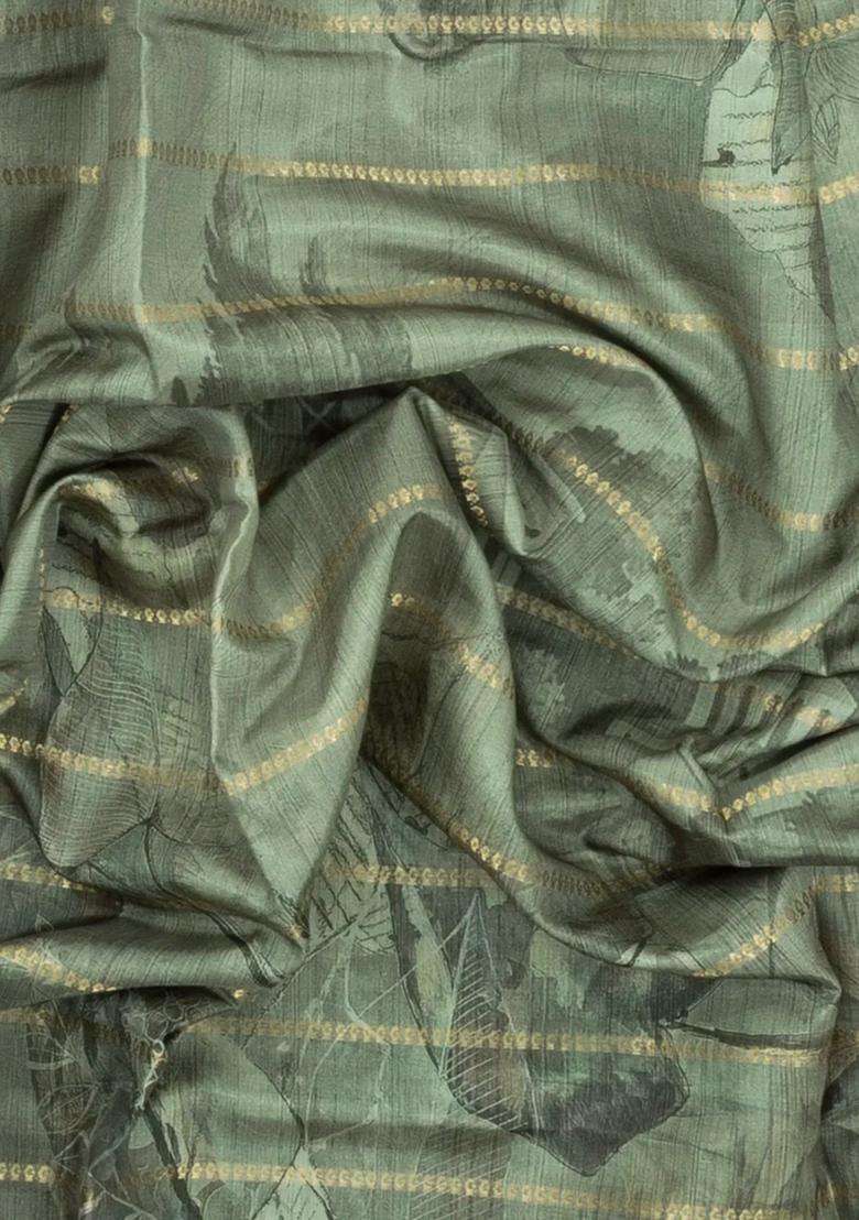 Sage Green Printed Synthetic Dola Silk Saree With Zari Stripes Border For Women - Indya