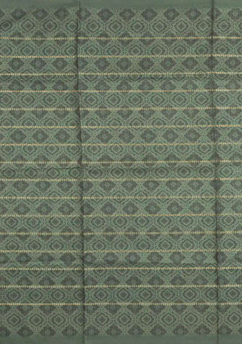 Sage Green Printed Synthetic Dola Silk Saree With Zari Stripes Border For Women - Indya