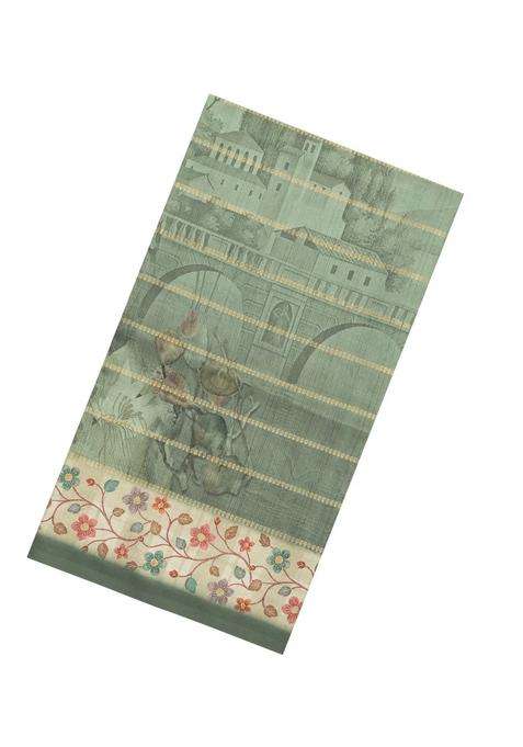 Sage Green Printed Synthetic Dola Silk Saree With Zari Stripes Border For Women