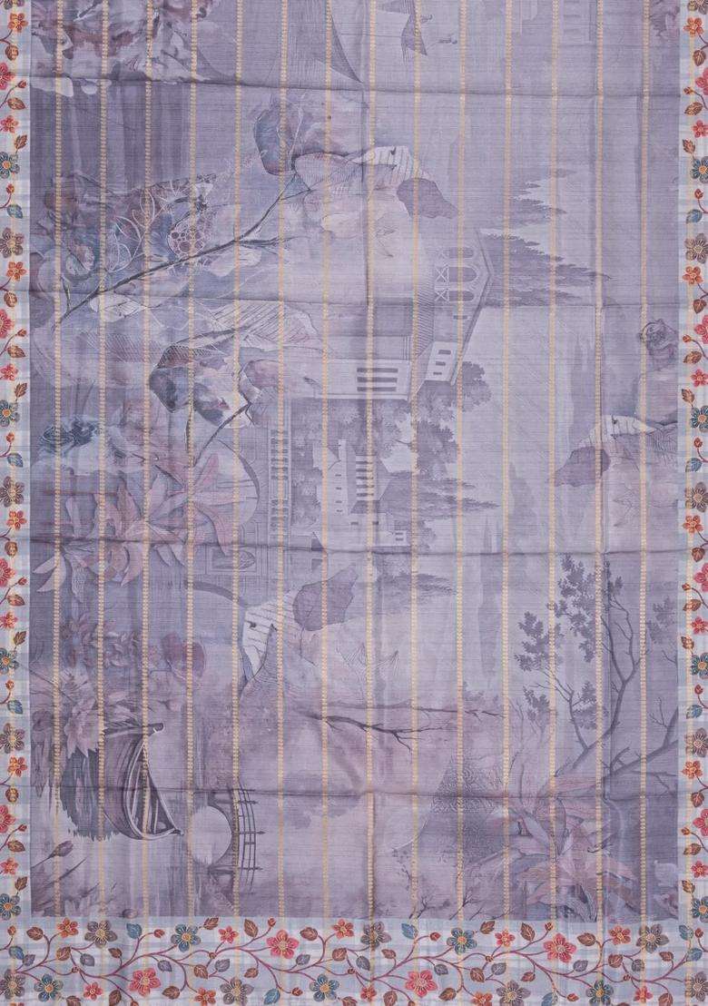 Grey Printed Synthetic Dola Silk Saree With Zari Stripes Border For Women - Indya