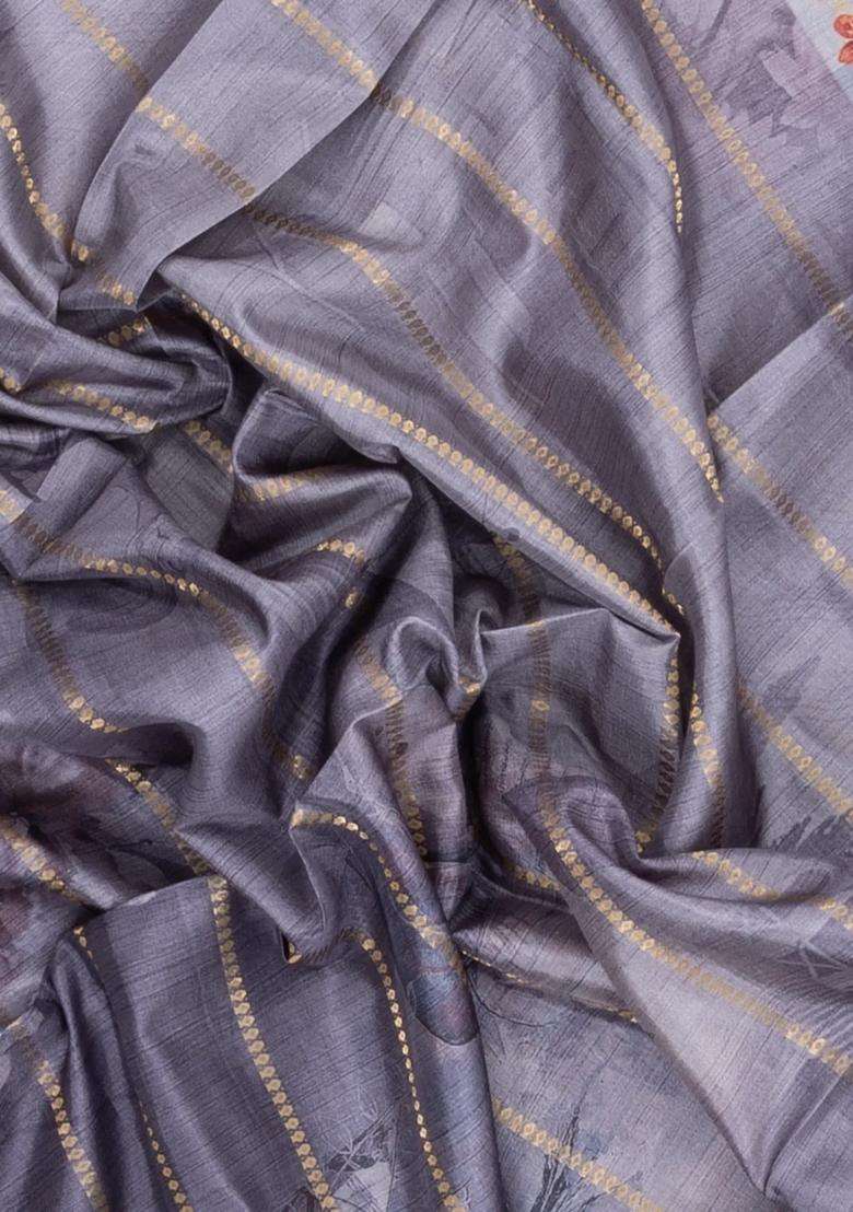 Grey Printed Synthetic Dola Silk Saree With Zari Stripes Border For Women - Indya