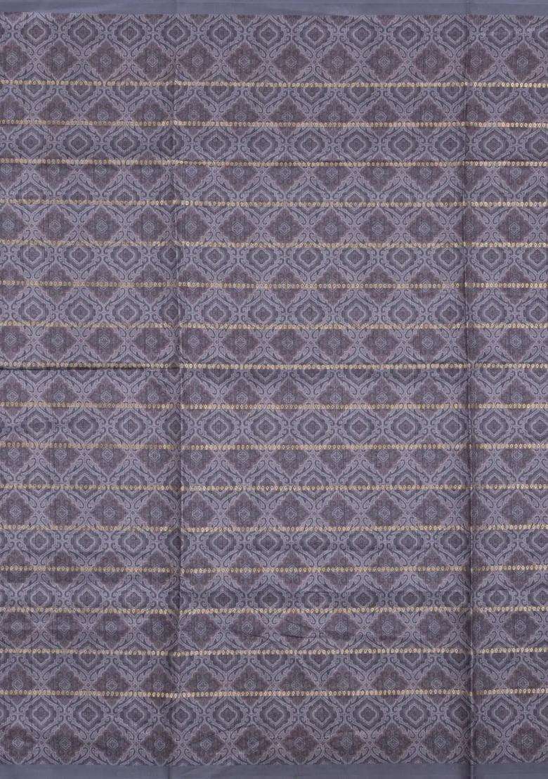 Grey Printed Synthetic Dola Silk Saree With Zari Stripes Border For Women - Indya