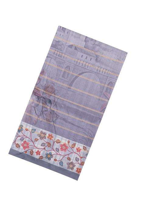 Grey Printed Synthetic Dola Silk Saree With Zari Stripes Border For Women