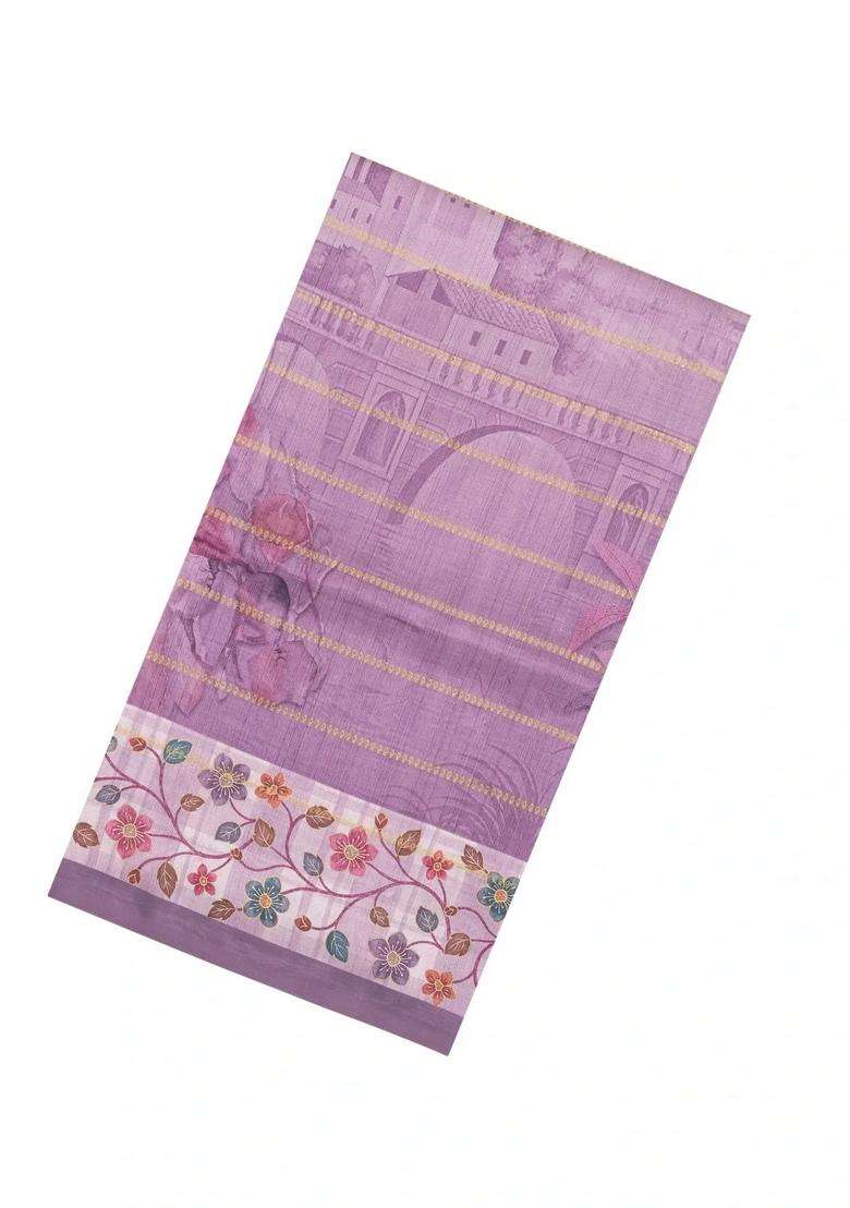 Lilac Printed Synthetic Dola Silk Saree With Zari Stripes Border For Women - Indya