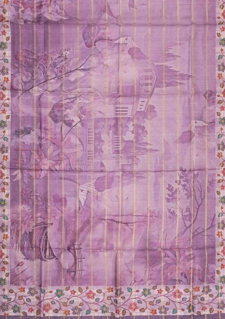 Lilac Printed Synthetic Dola Silk Saree With Zari Stripes Border For Women - Indya