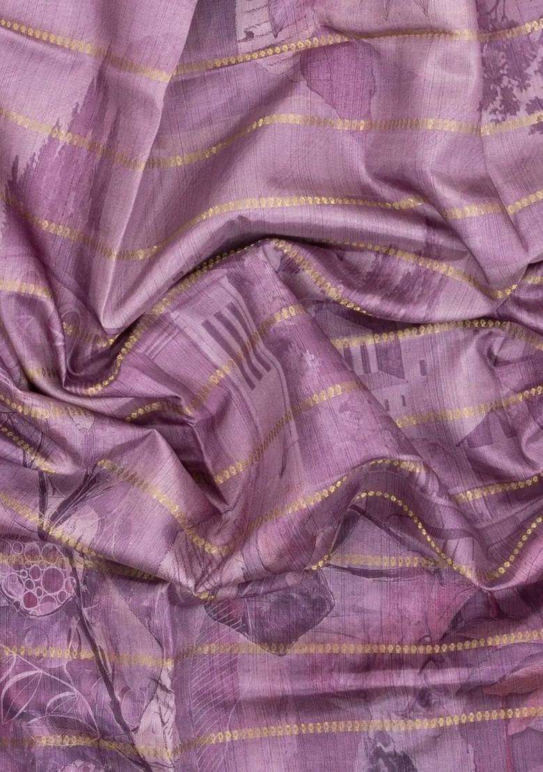 Lilac Printed Synthetic Dola Silk Saree With Zari Stripes Border For Women - Indya