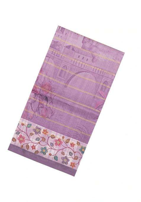 Lilac Printed Synthetic Dola Silk Saree With Zari Stripes Border For Women