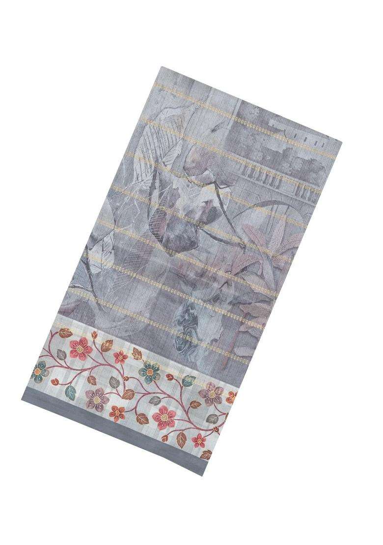 Grey Printed Synthetic Dola Silk Saree With Zari Stripes Border For Women - Indya