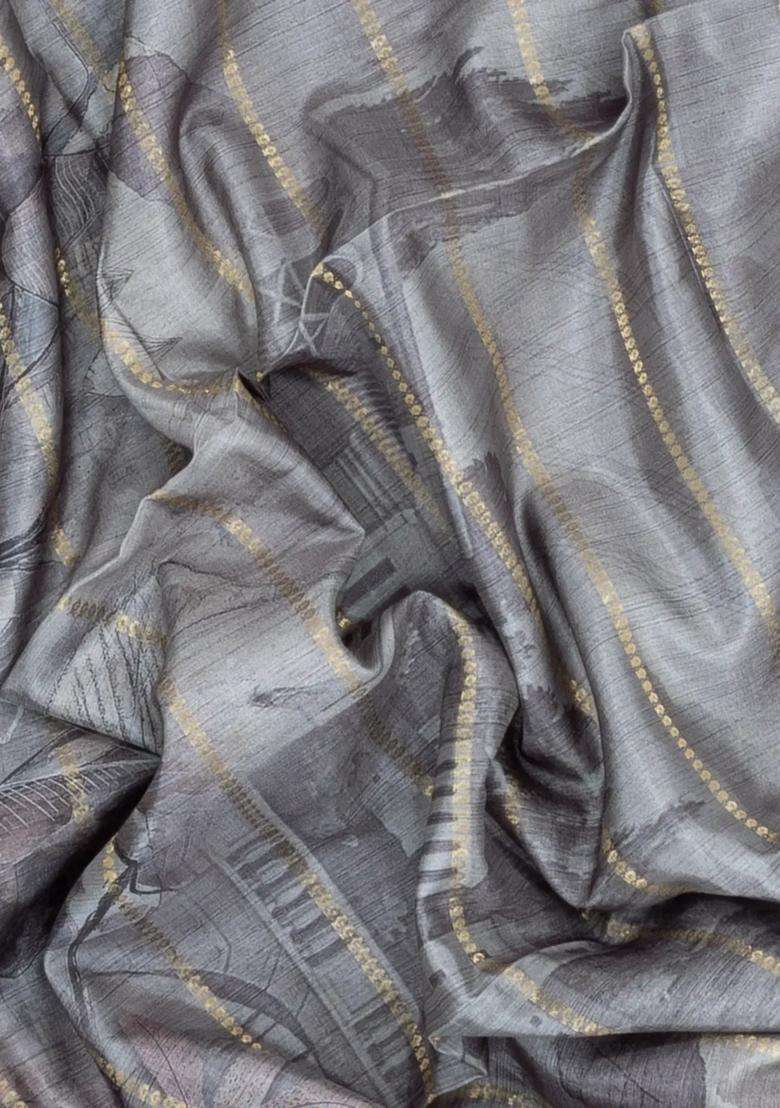 Grey Printed Synthetic Dola Silk Saree With Zari Stripes Border For Women - Indya