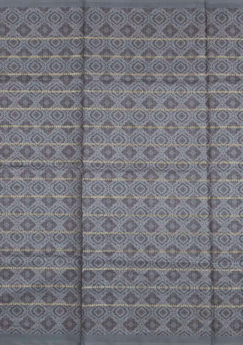 Grey Printed Synthetic Dola Silk Saree With Zari Stripes Border For Women - Indya