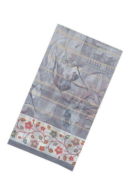 Grey Printed Synthetic Dola Silk Saree With Zari Stripes Border For Women