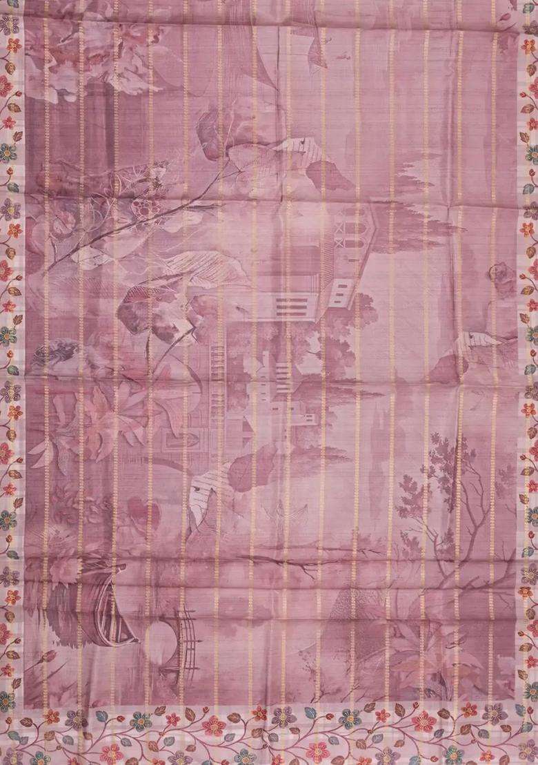 Dusty Pink Printed Synthetic Dola Silk Saree With Zari Stripes Border For Women - Indya