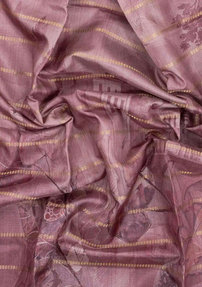Dusty Pink Printed Synthetic Dola Silk Saree With Zari Stripes Border For Women - Indya