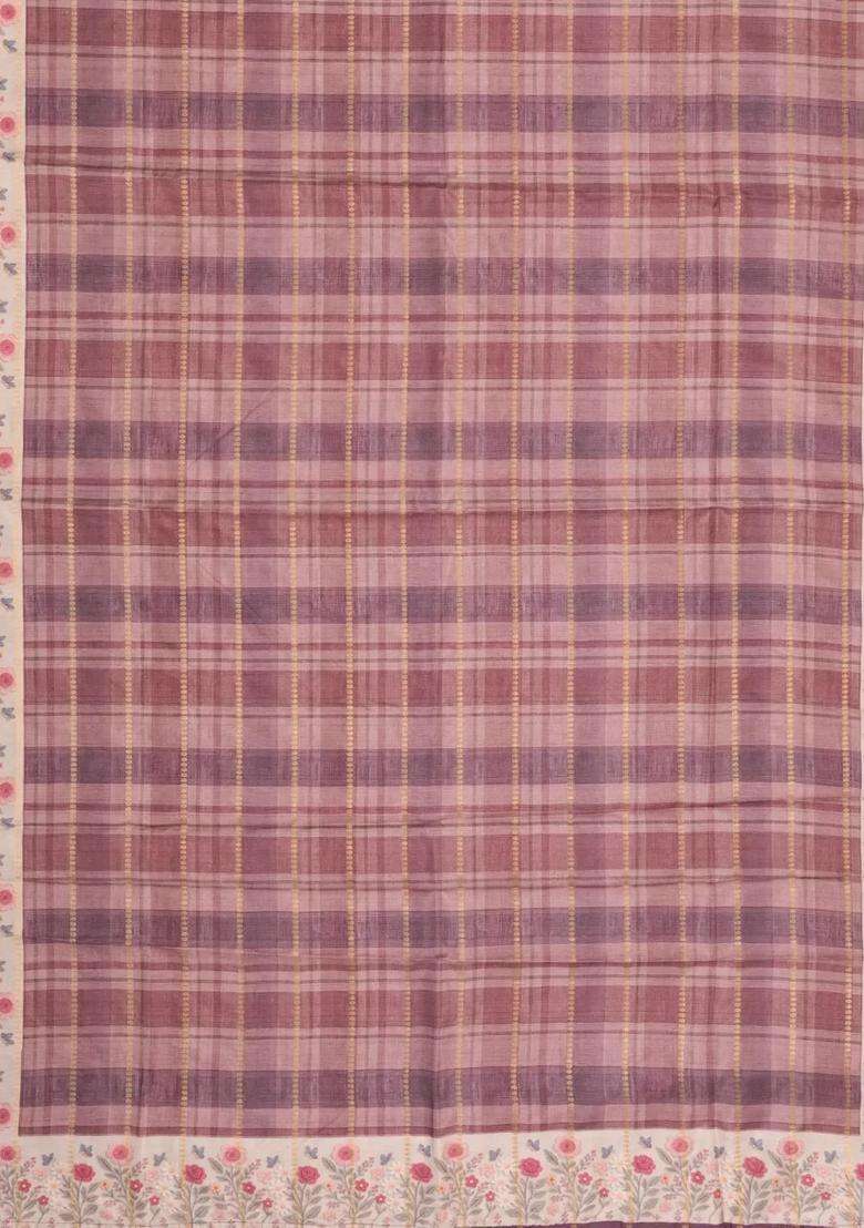 Dusty Pink Printed Synthetic Dola Silk Saree With Checks Floral Border For Women - Indya