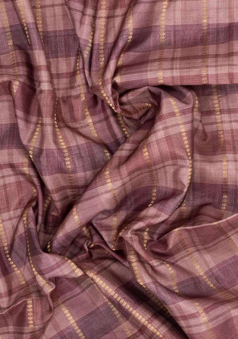 Dusty Pink Printed Synthetic Dola Silk Saree With Checks Floral Border For Women - Indya