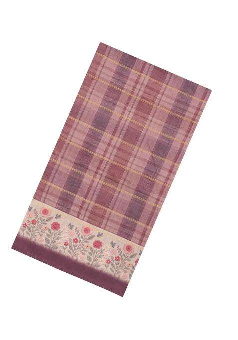 Dusty Pink Printed Synthetic Dola Silk Saree With Checks Floral Border For Women