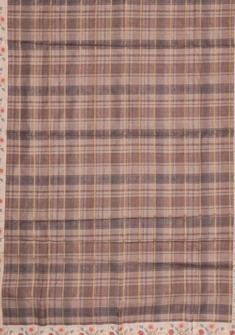 Dark Grey Printed Synthetic Dola Silk Saree With Checks Floral Border For Women - Indya