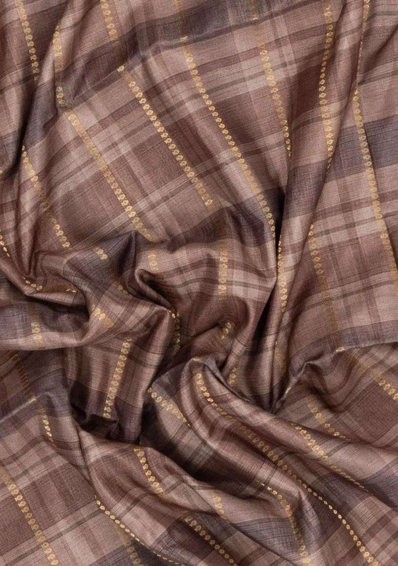 Dark Grey Printed Synthetic Dola Silk Saree With Checks Floral Border For Women - Indya
