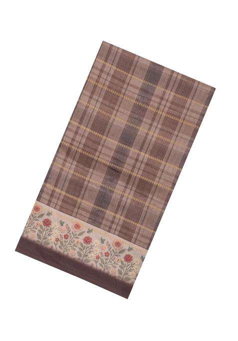 Dark Grey Printed Synthetic Dola Silk Saree With Checks Floral Border For Women
