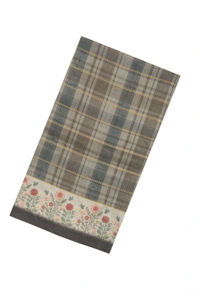 Shadow Green Printed Synthetic Dola Silk Saree With Checks Floral Border For Women - Indya