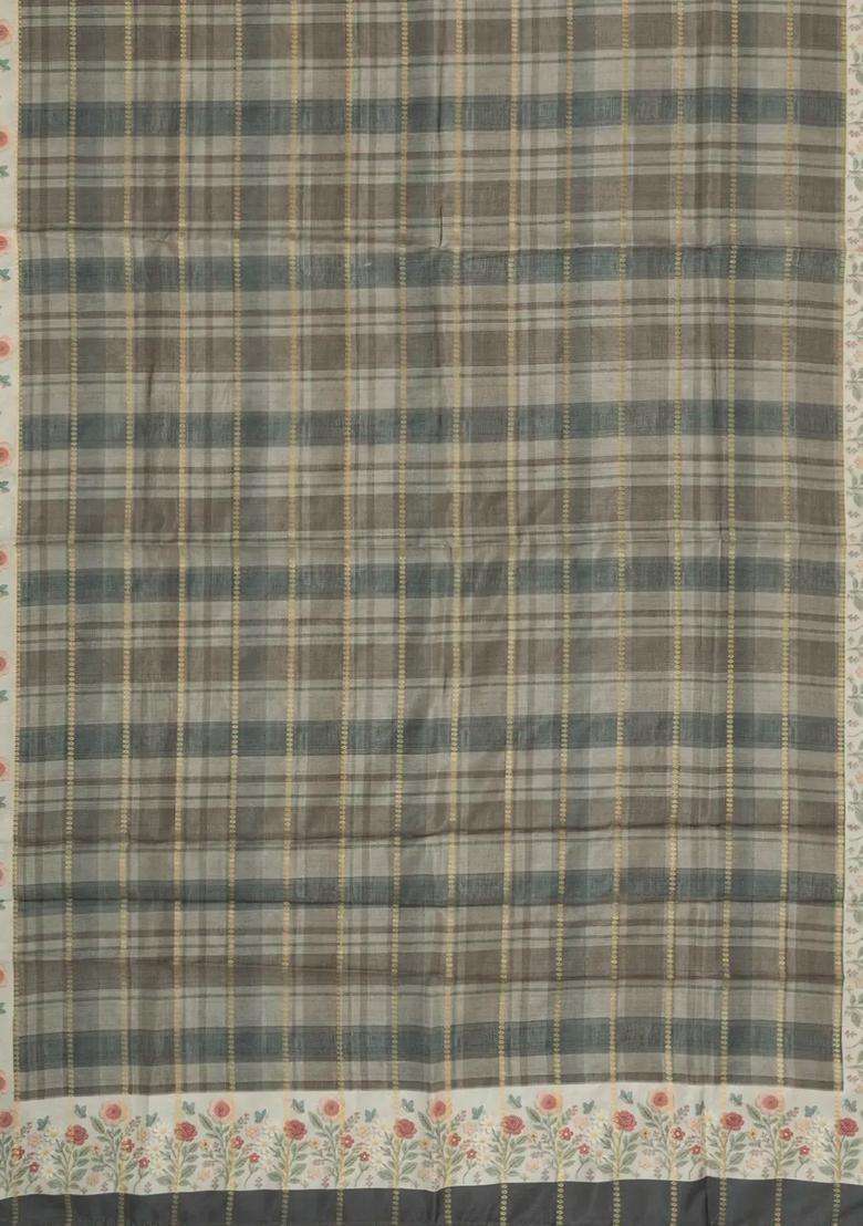 Shadow Green Printed Synthetic Dola Silk Saree With Checks Floral Border For Women - Indya