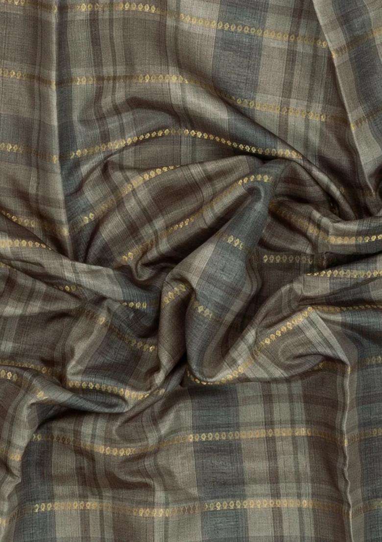 Shadow Green Printed Synthetic Dola Silk Saree With Checks Floral Border For Women - Indya