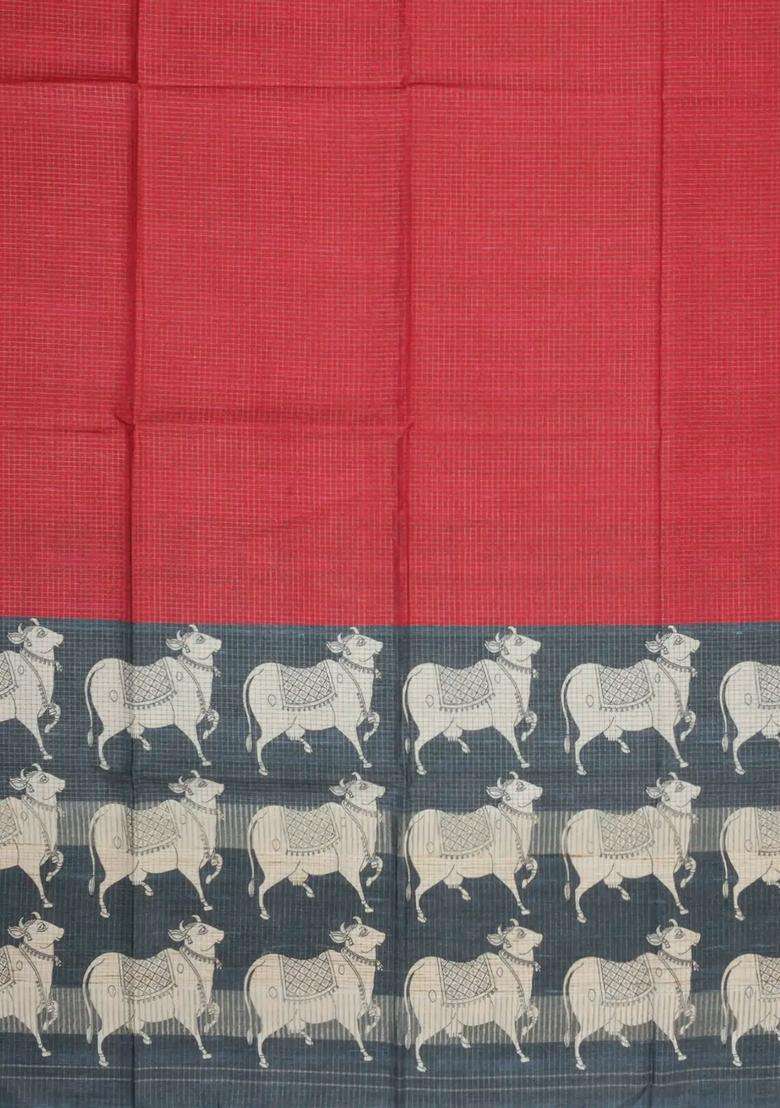 Red Printed Synthetic Tussar Silk Saree With Zari Checks Contrast Pallu For Women - Indya