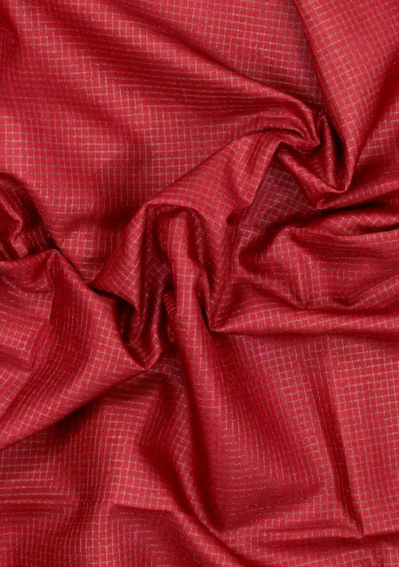 Red Printed Synthetic Tussar Silk Saree With Zari Checks Contrast Pallu For Women - Indya