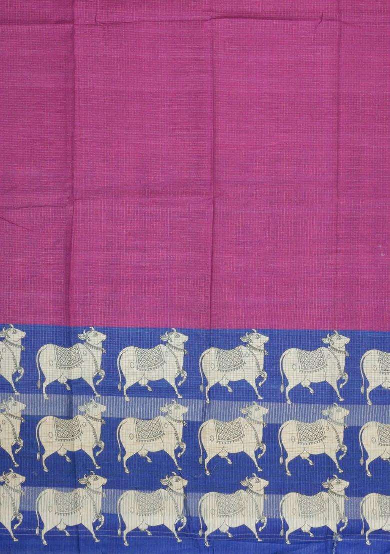 Magenta Printed Synthetic Tussar Silk Saree With Zari Checks Contrast Pallu For Women - Indya