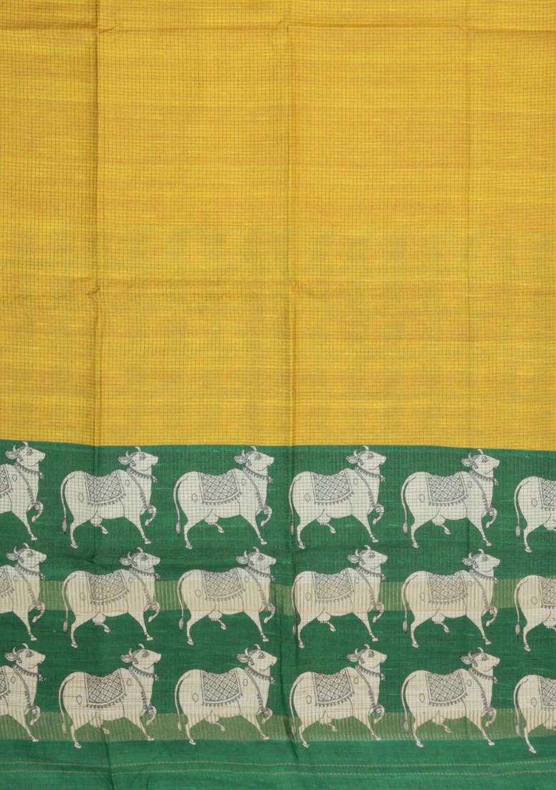 Mustard Printed Synthetic Tussar Silk Saree With Zari Checks Contrast Pallu For Women - Indya