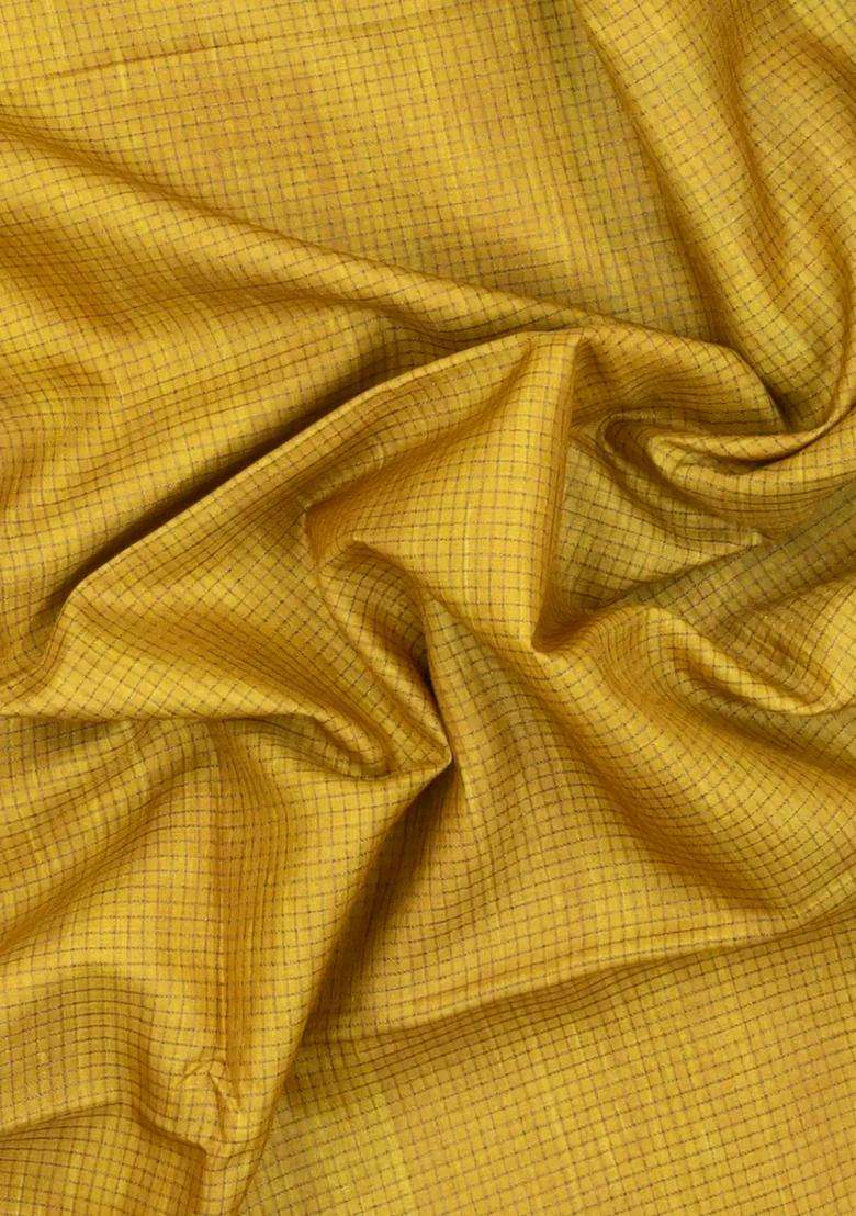 Mustard Printed Synthetic Tussar Silk Saree With Zari Checks Contrast Pallu For Women - Indya