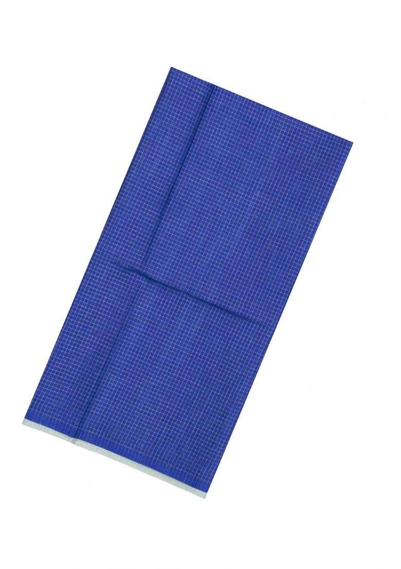 Blue Printed Synthetic Tussar Silk Saree With Zari Checks Contrast Pallu For Women - Indya