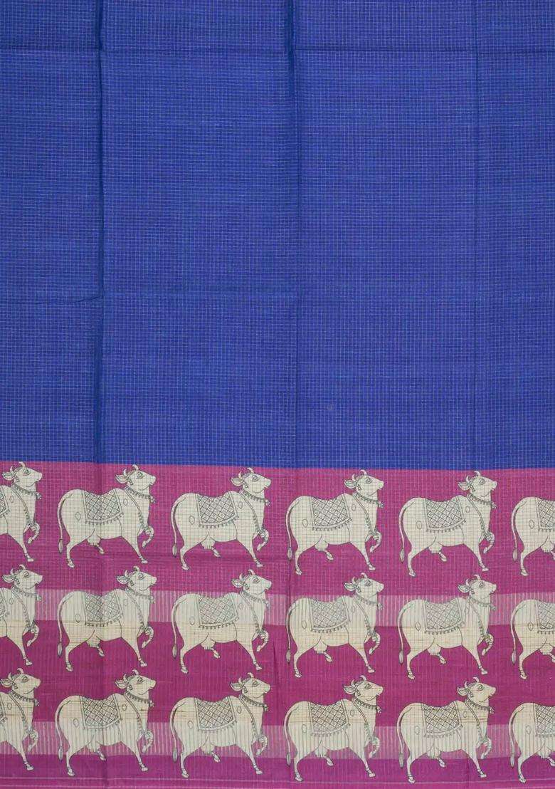 Blue Printed Synthetic Tussar Silk Saree With Zari Checks Contrast Pallu For Women - Indya
