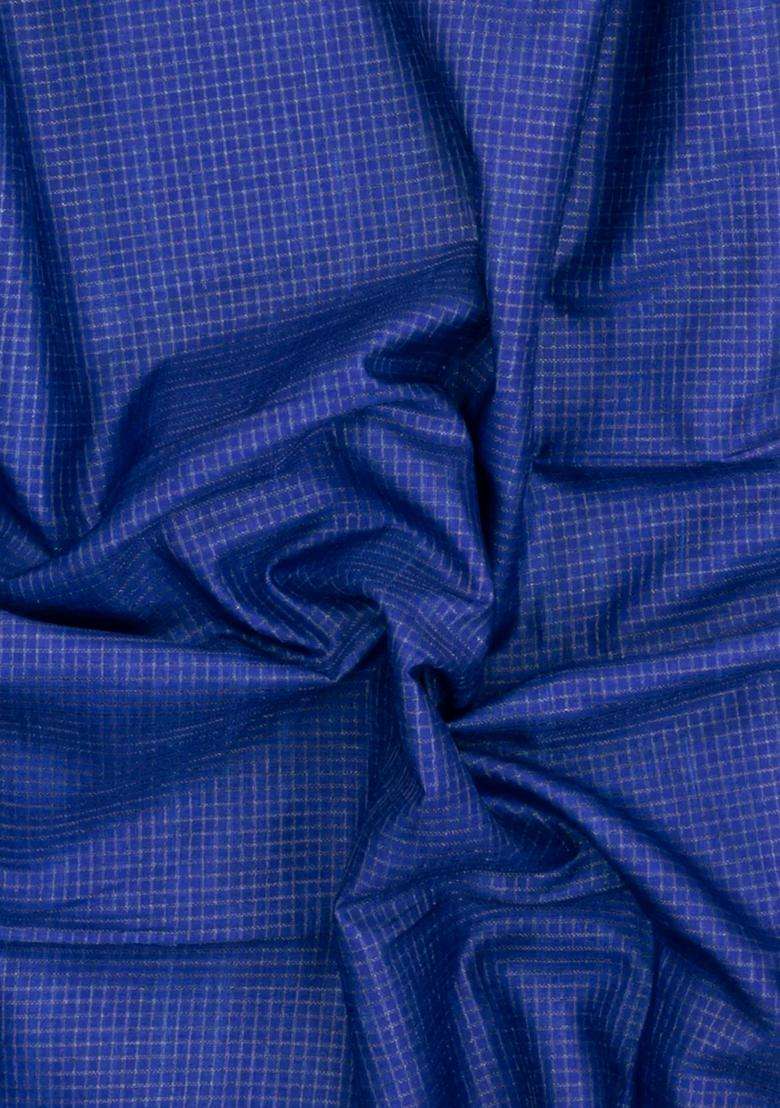 Blue Printed Synthetic Tussar Silk Saree With Zari Checks Contrast Pallu For Women - Indya