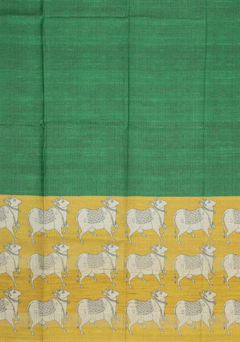 Green Printed Synthetic Tussar Silk Saree With Zari Checks Contrast Pallu For Women - Indya