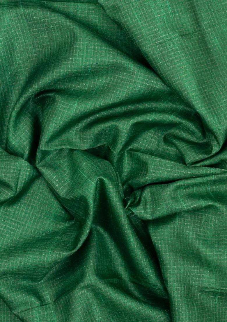 Green Printed Synthetic Tussar Silk Saree With Zari Checks Contrast Pallu For Women - Indya