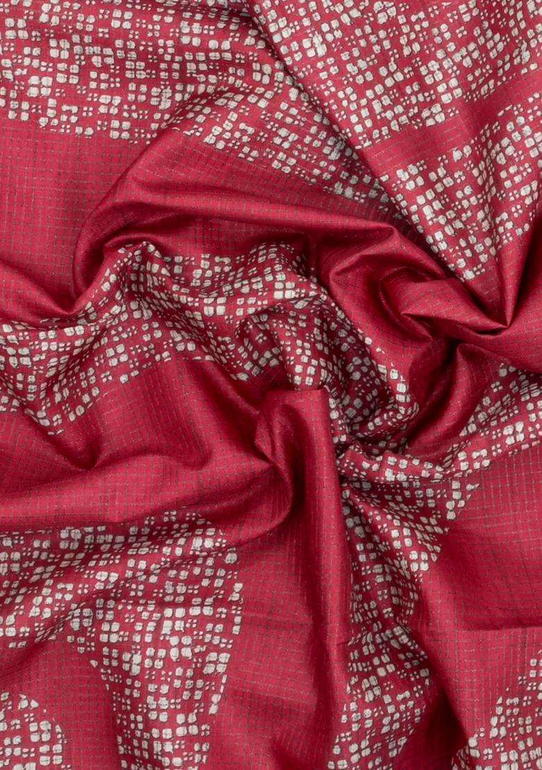 Crimson Printed Synthetic Tussar Silk Saree With Zari Checks Motifs For Women - Indya
