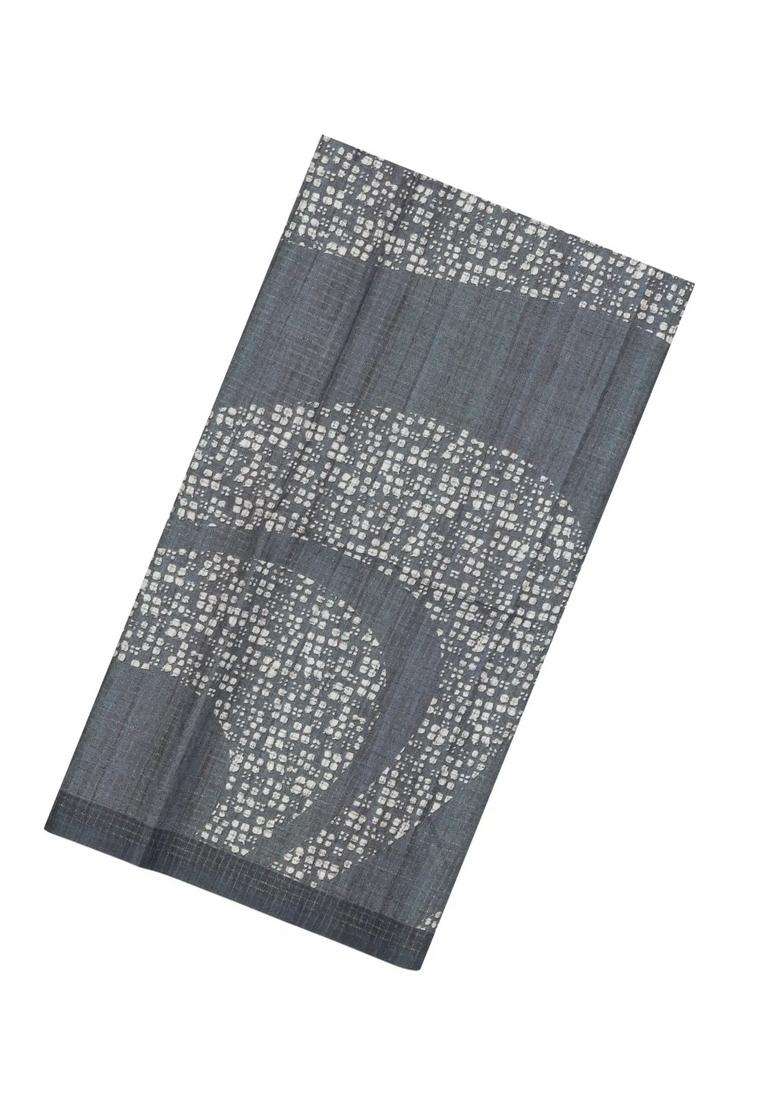 Grey Printed Synthetic Tussar Silk Saree With Zari Checks Motifs For Women - Indya